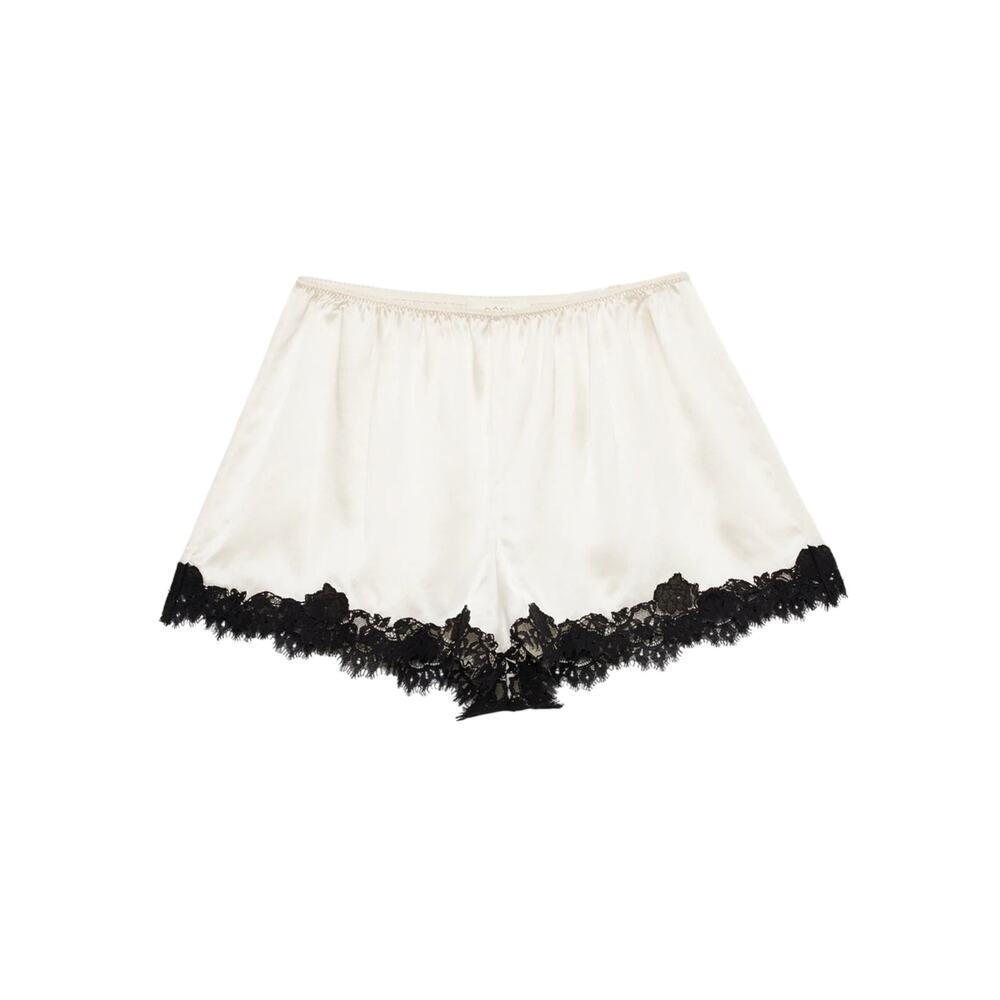 NWT Doen Iona Silk Lace Trim Elastic Waist Shorts Sea Salt et Noir Black White